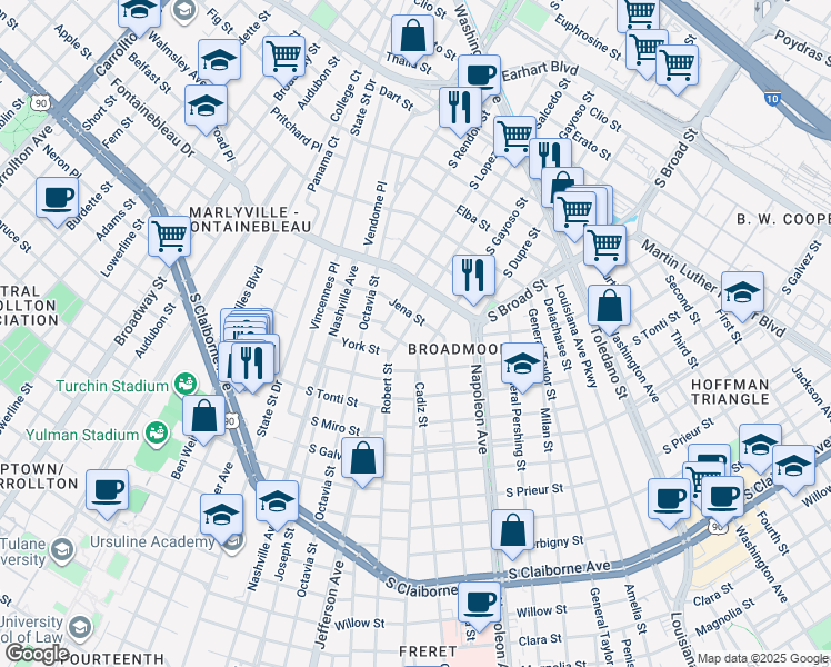 map of restaurants, bars, coffee shops, grocery stores, and more near 2132 South Salcedo Street in New Orleans