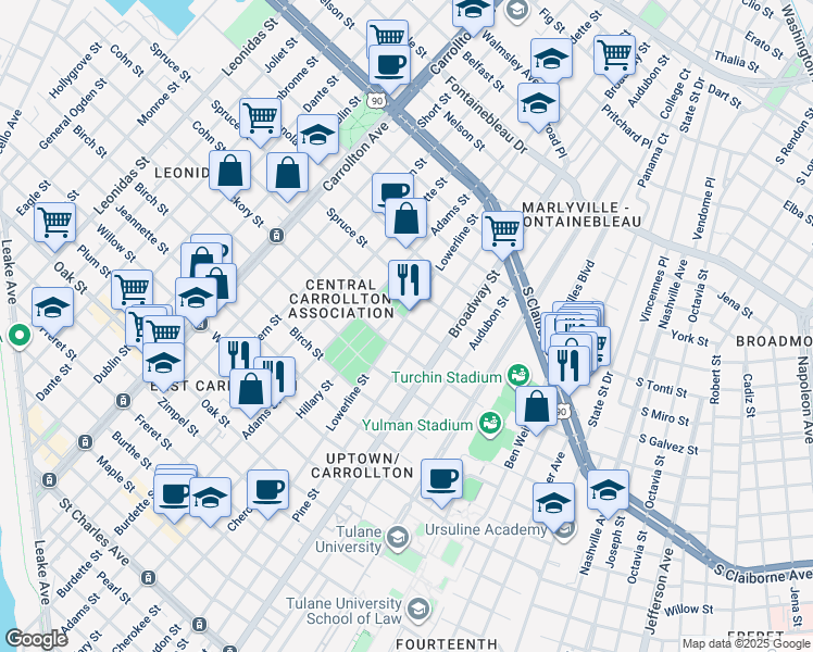 map of restaurants, bars, coffee shops, grocery stores, and more near 1900 Lowerline Street in New Orleans