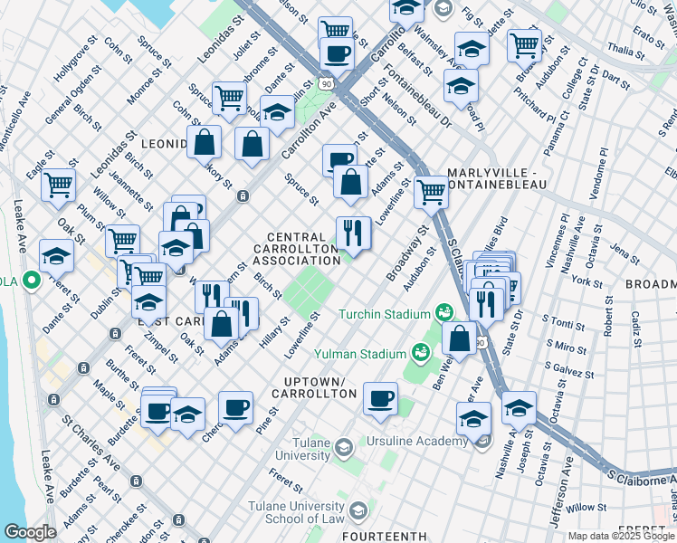 map of restaurants, bars, coffee shops, grocery stores, and more near 1900 Lowerline Street in New Orleans