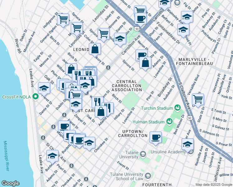 map of restaurants, bars, coffee shops, grocery stores, and more near 1619 Fern Street in New Orleans
