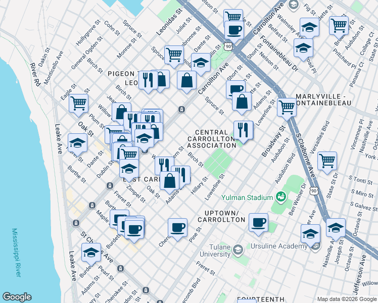map of restaurants, bars, coffee shops, grocery stores, and more near 1619 Fern Street in New Orleans