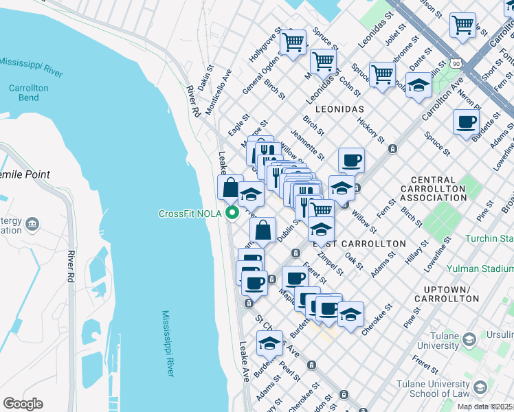 map of restaurants, bars, coffee shops, grocery stores, and more near 8424 Zimple Street in New Orleans