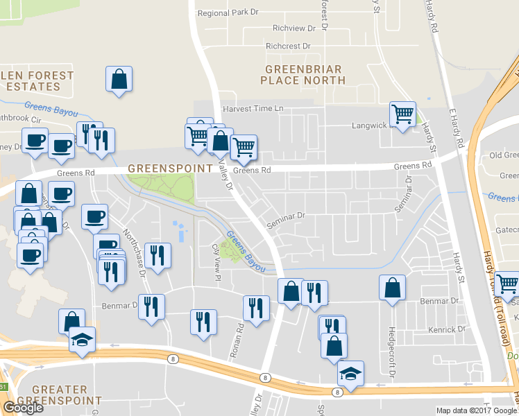 map of restaurants, bars, coffee shops, grocery stores, and more near 17206 Imperial Valley Drive in Houston