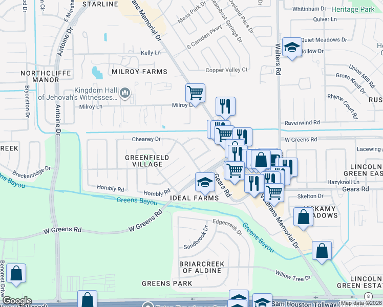 map of restaurants, bars, coffee shops, grocery stores, and more near 3210 Chalfont Drive in Houston