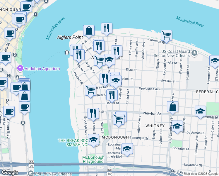 map of restaurants, bars, coffee shops, grocery stores, and more near 620 Opelousas Avenue in New Orleans