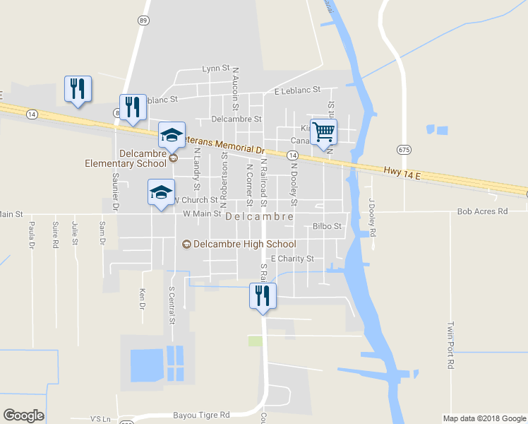 map of restaurants, bars, coffee shops, grocery stores, and more near 106 North Railroad Street in Delcambre