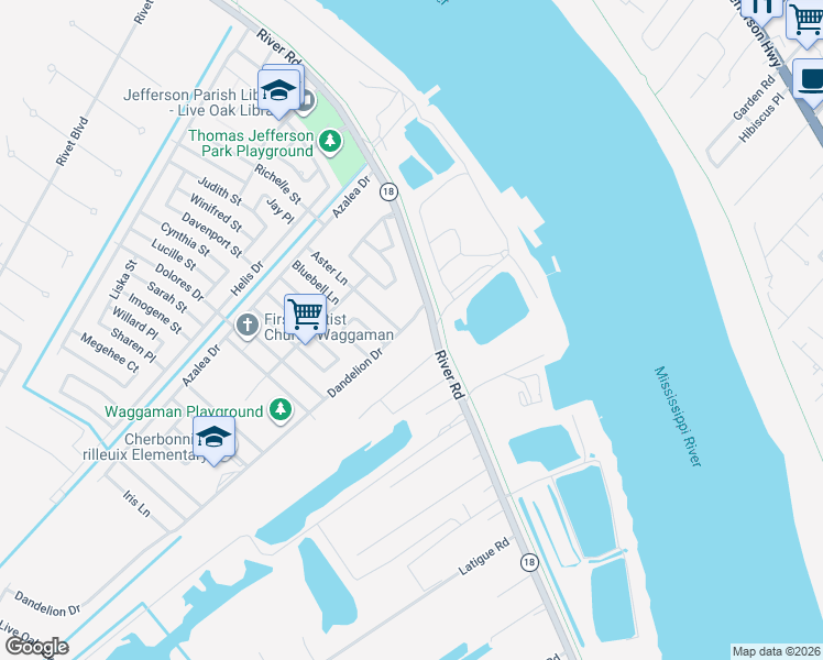 map of restaurants, bars, coffee shops, grocery stores, and more near 339 Dandelion Drive in Westwego