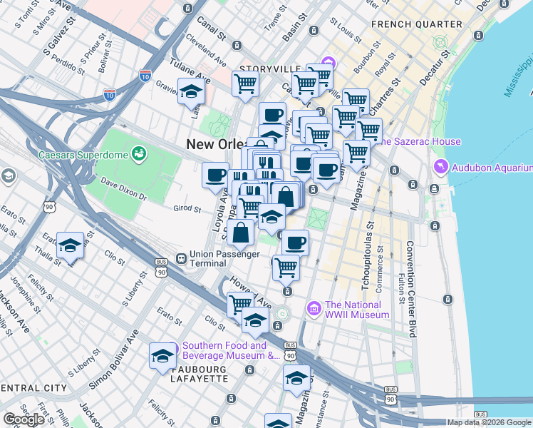 map of restaurants, bars, coffee shops, grocery stores, and more near 549 Baronne Street in New Orleans