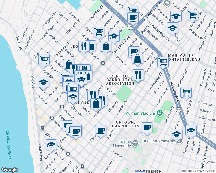 map of restaurants, bars, coffee shops, grocery stores, and more near 1619 Fern Street in New Orleans