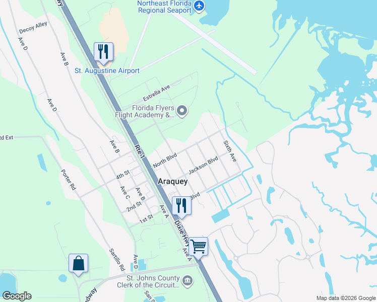 map of restaurants, bars, coffee shops, grocery stores, and more near 212 North Boulevard in St. Augustine
