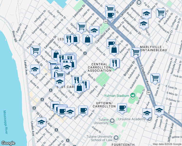 map of restaurants, bars, coffee shops, grocery stores, and more near 1619 Fern Street in New Orleans