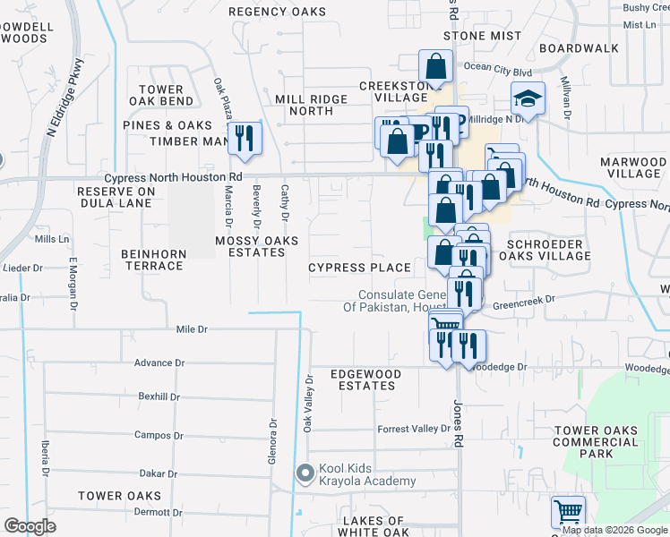 map of restaurants, bars, coffee shops, grocery stores, and more near 11303 Trapper Lane in Houston