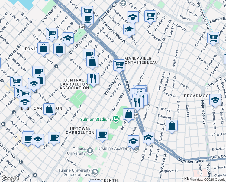 map of restaurants, bars, coffee shops, grocery stores, and more near 7120 Panola Street in New Orleans