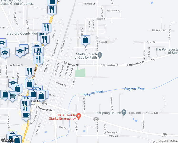 map of restaurants, bars, coffee shops, grocery stores, and more near 1010 East Brownlee Street in Starke