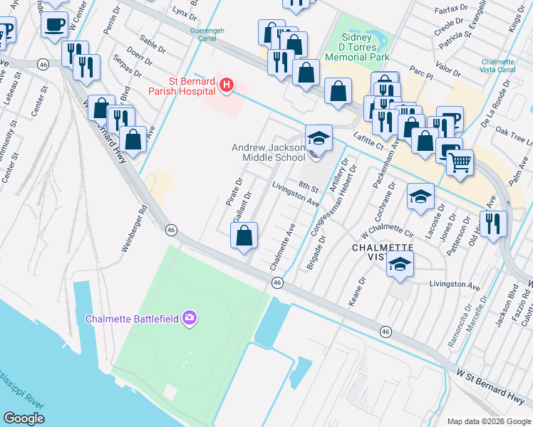 map of restaurants, bars, coffee shops, grocery stores, and more near 2401 Jean Lafitte Parkway in Chalmette