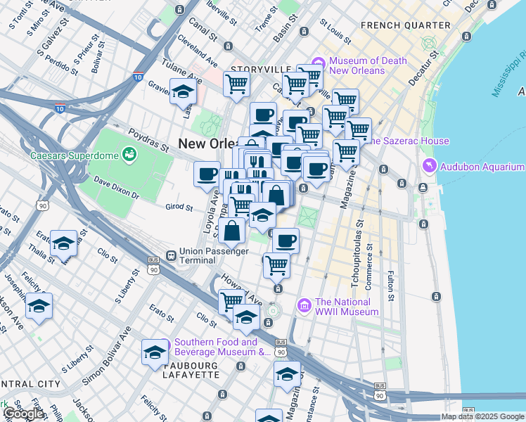 map of restaurants, bars, coffee shops, grocery stores, and more near 549 Baronne Street in New Orleans