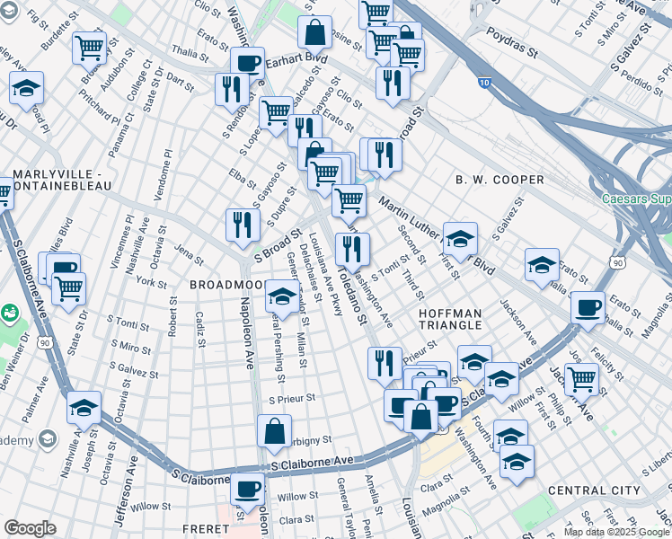 map of restaurants, bars, coffee shops, grocery stores, and more near 3833 Louisiana Avenue Parkway in New Orleans