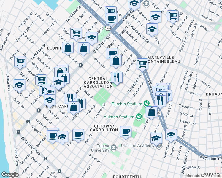 map of restaurants, bars, coffee shops, grocery stores, and more near 1900 Lowerline Street in New Orleans
