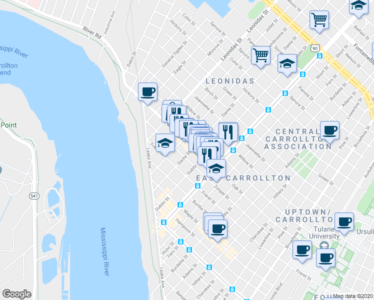 map of restaurants, bars, coffee shops, grocery stores, and more near 8318 Oak Street in New Orleans