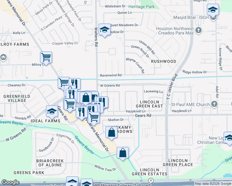 map of restaurants, bars, coffee shops, grocery stores, and more near 2702 Lacewing Lane in Houston