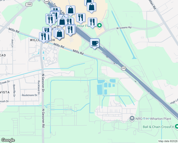 map of restaurants, bars, coffee shops, grocery stores, and more near 8125 Mills Road in Houston