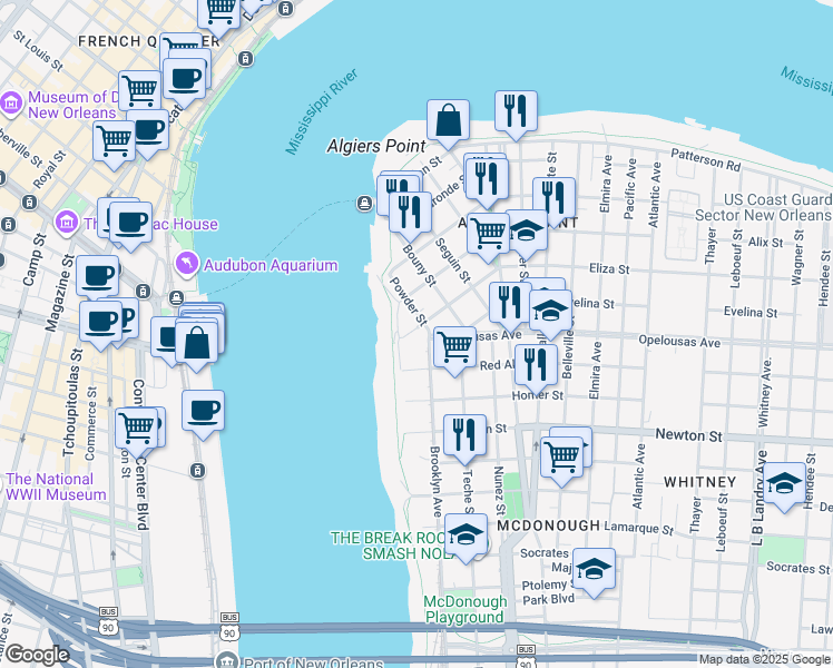 map of restaurants, bars, coffee shops, grocery stores, and more near 137 Eliza Street in New Orleans