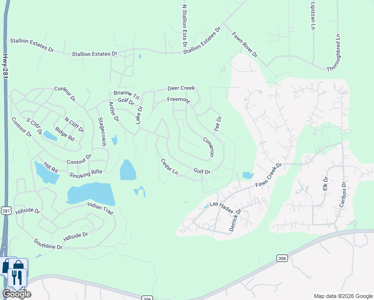 map of restaurants, bars, coffee shops, grocery stores, and more near 864 Cimarron in Spring Branch