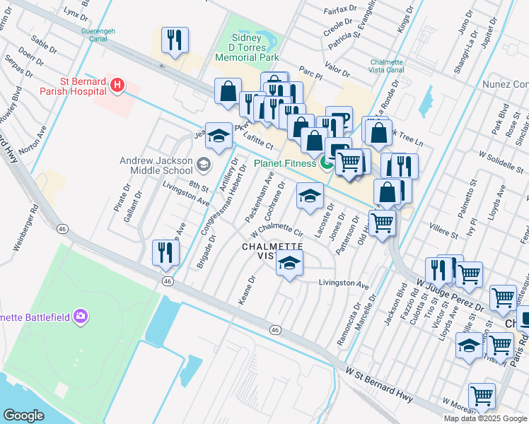 map of restaurants, bars, coffee shops, grocery stores, and more near 69 Cochrane Drive in Chalmette