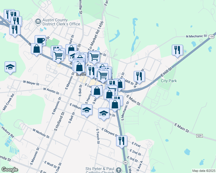 map of restaurants, bars, coffee shops, grocery stores, and more near 428 Texas 36 in Bellville