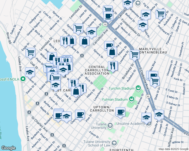map of restaurants, bars, coffee shops, grocery stores, and more near 7721 Green Street in New Orleans
