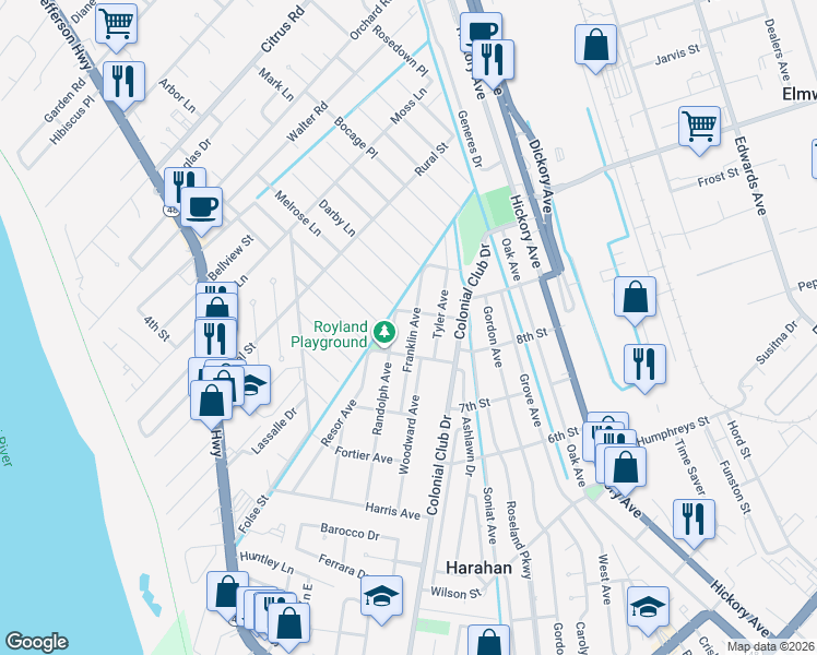 map of restaurants, bars, coffee shops, grocery stores, and more near 837 Franklin Avenue in Harahan