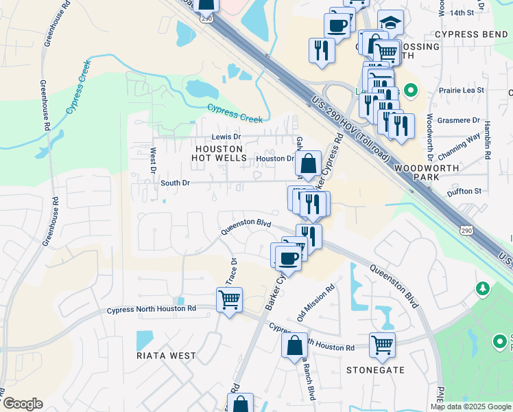 map of restaurants, bars, coffee shops, grocery stores, and more near 17214 Fable Springs Lane in Cypress