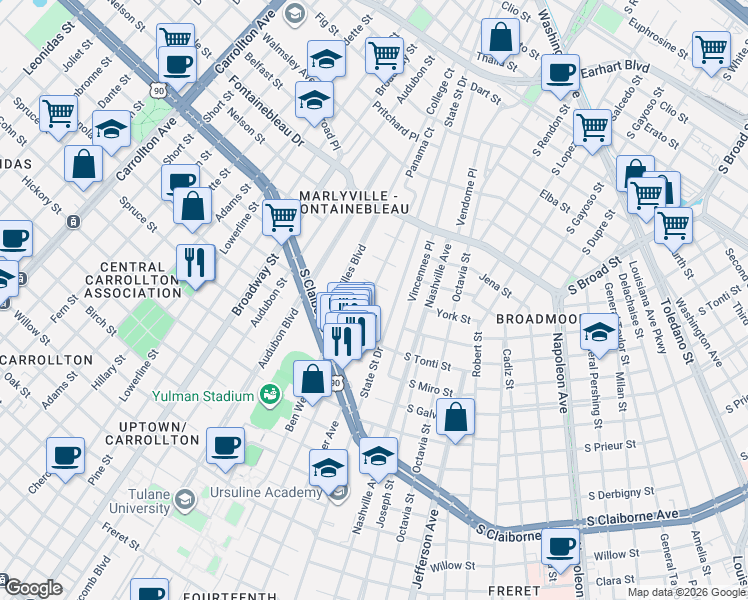 map of restaurants, bars, coffee shops, grocery stores, and more near 3326 Calhoun Street in New Orleans