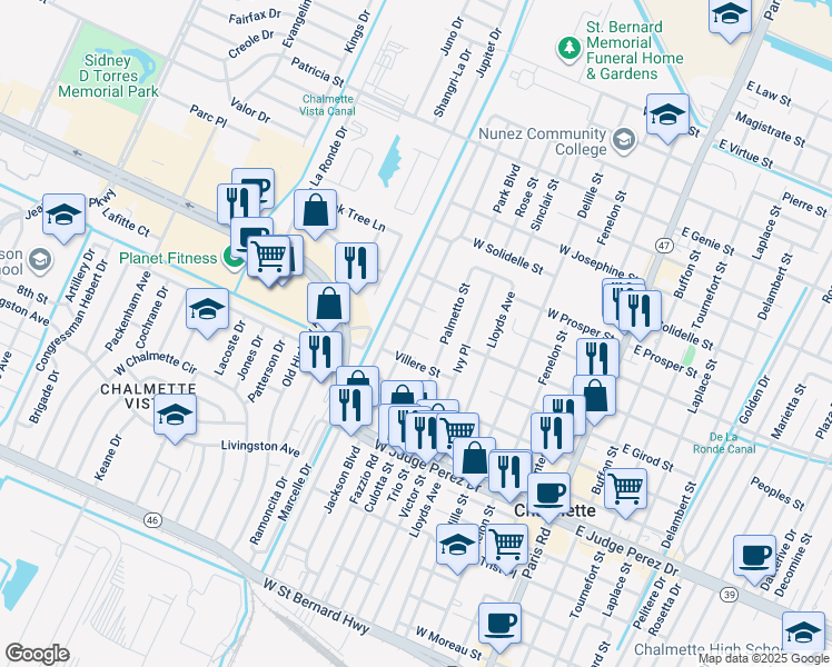 map of restaurants, bars, coffee shops, grocery stores, and more near 707 North Robertson Street in Chalmette