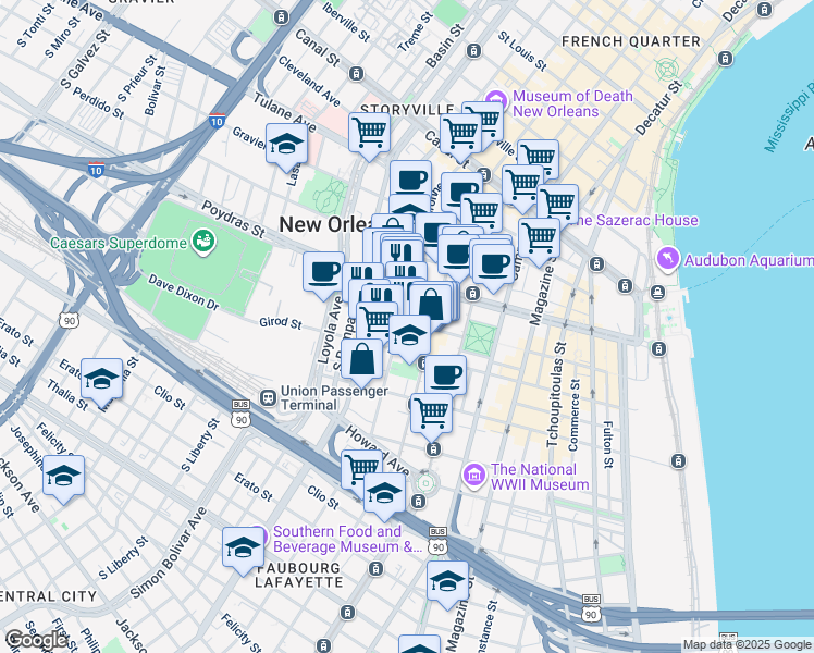 map of restaurants, bars, coffee shops, grocery stores, and more near 549 Baronne Street in New Orleans