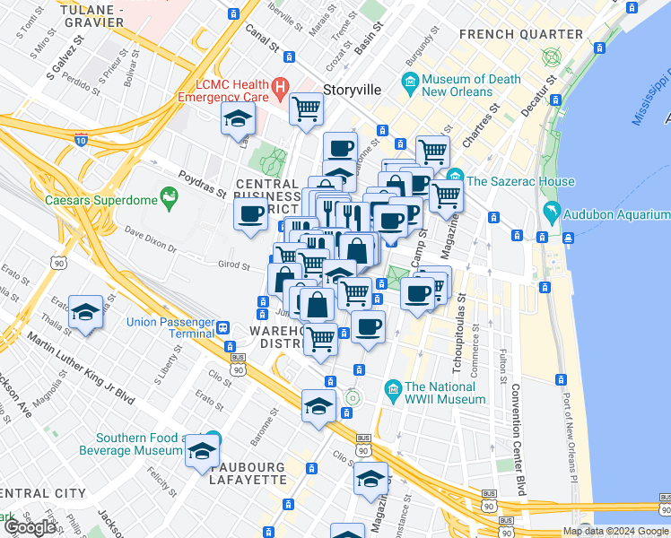map of restaurants, bars, coffee shops, grocery stores, and more near 549 Baronne Street in New Orleans