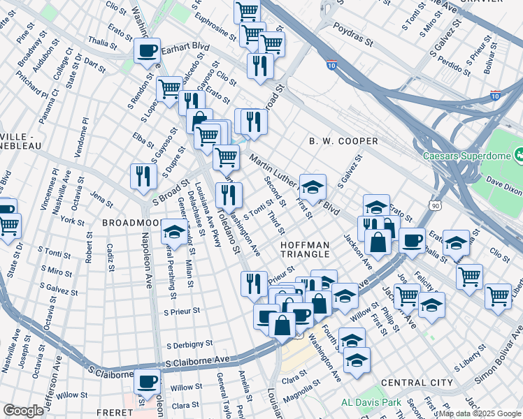 map of restaurants, bars, coffee shops, grocery stores, and more near 2601 South Tonti Street in New Orleans