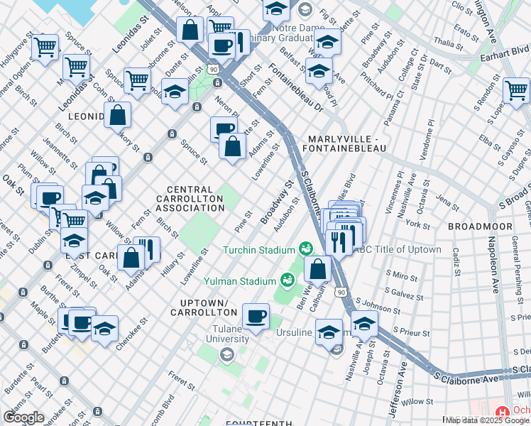 map of restaurants, bars, coffee shops, grocery stores, and more near 2005 Pine Street in New Orleans
