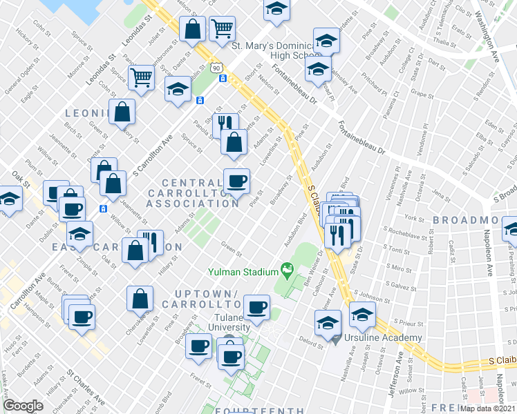 map of restaurants, bars, coffee shops, grocery stores, and more near 2005 Pine Street in New Orleans
