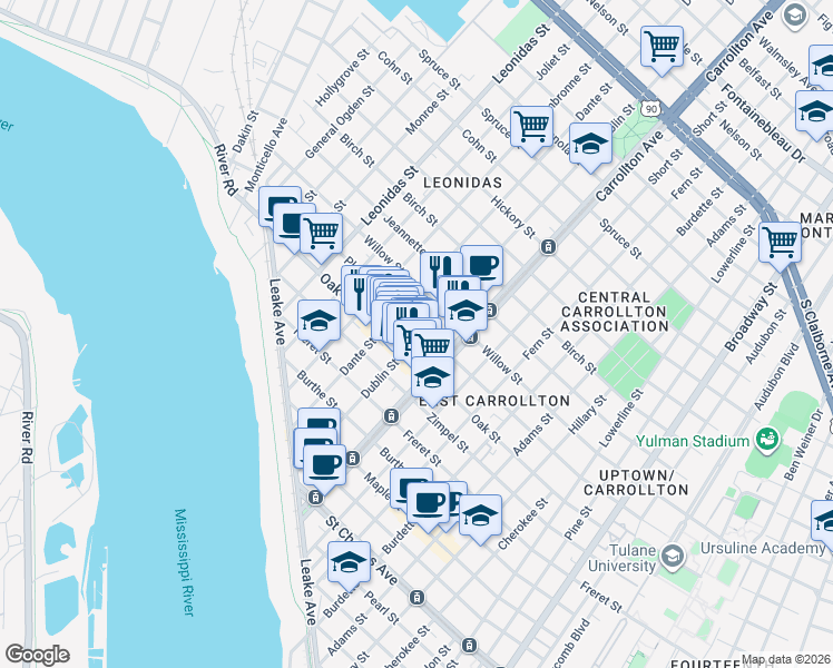 map of restaurants, bars, coffee shops, grocery stores, and more near 8216 Plum Street in New Orleans