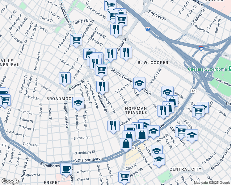 map of restaurants, bars, coffee shops, grocery stores, and more near 2601 South Tonti Street in New Orleans