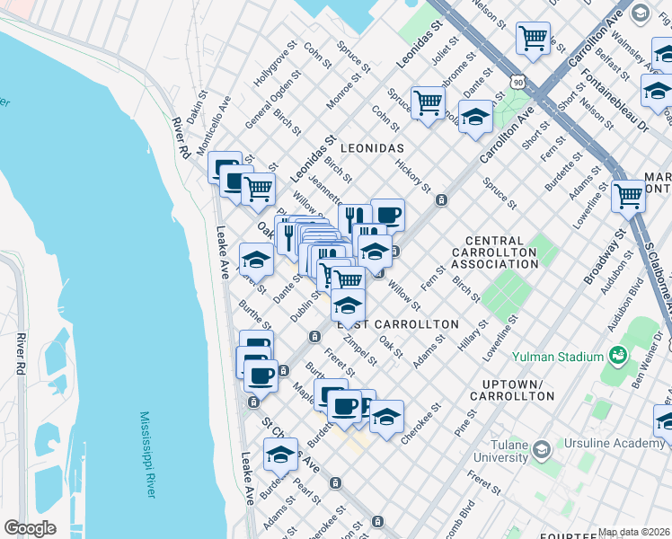 map of restaurants, bars, coffee shops, grocery stores, and more near 8202 Plum Street in New Orleans
