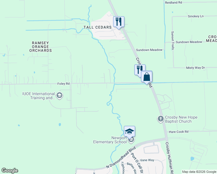 map of restaurants, bars, coffee shops, grocery stores, and more near 413 Foley Road in Crosby
