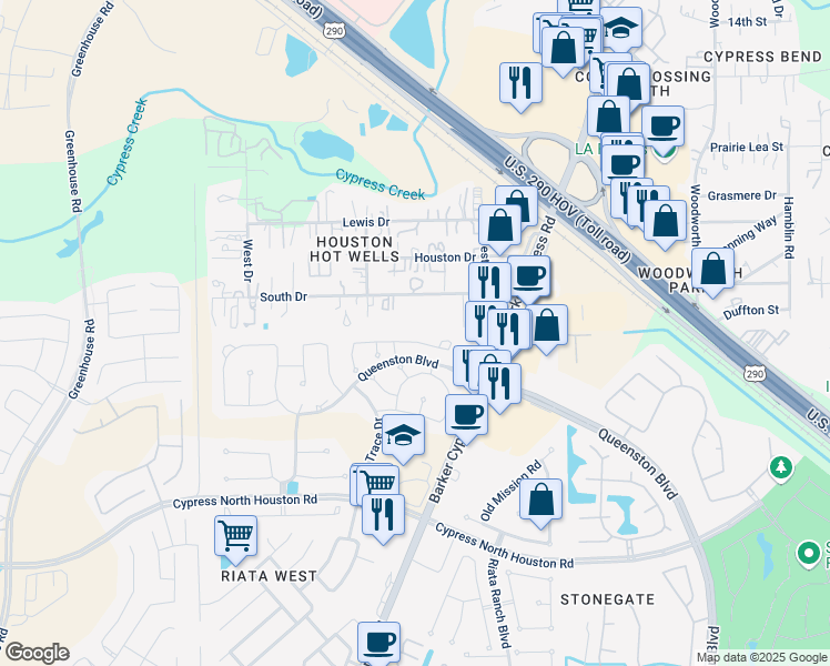 map of restaurants, bars, coffee shops, grocery stores, and more near 17214 Fable Springs Lane in Harris County