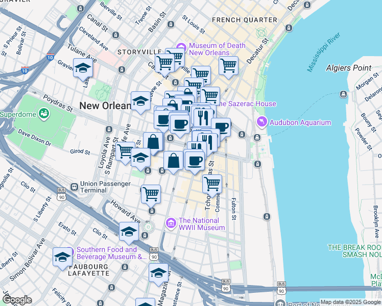 map of restaurants, bars, coffee shops, grocery stores, and more near 500 Poydras Street in New Orleans