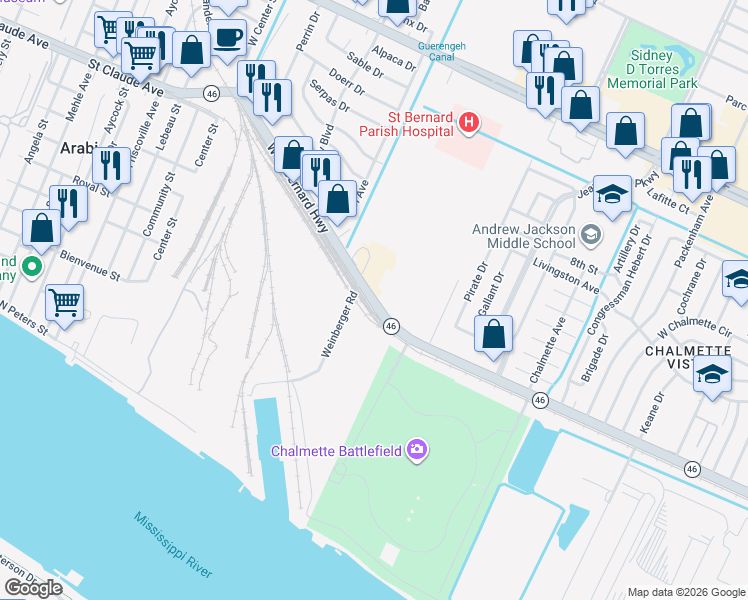map of restaurants, bars, coffee shops, grocery stores, and more near 8001 West Saint Bernard Highway in Chalmette