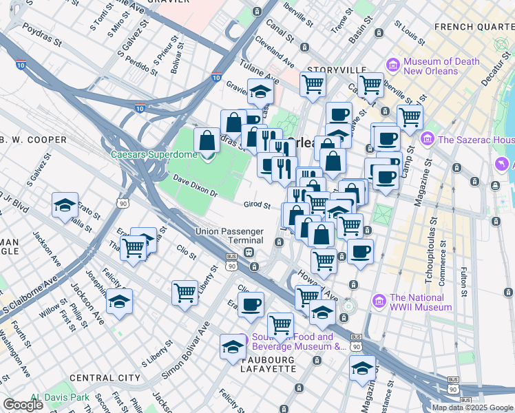 map of restaurants, bars, coffee shops, grocery stores, and more near 24 Girod Street in New Orleans