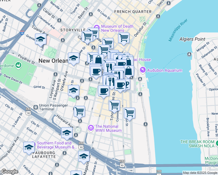 map of restaurants, bars, coffee shops, grocery stores, and more near 400 Poydras Street in New Orleans