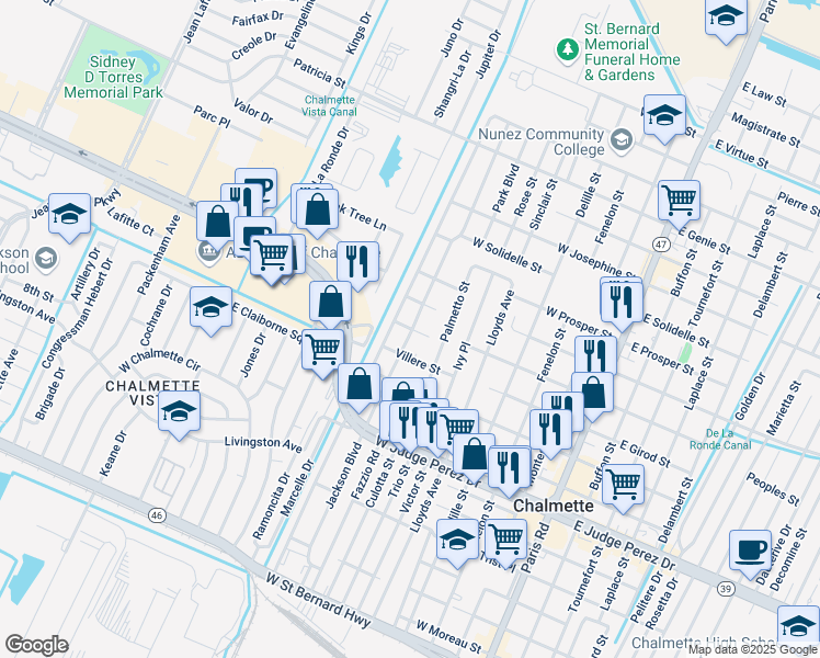 map of restaurants, bars, coffee shops, grocery stores, and more near 707 North Robertson Street in Chalmette