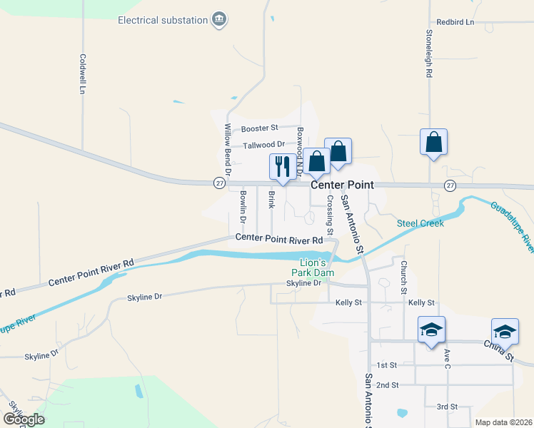 map of restaurants, bars, coffee shops, grocery stores, and more near 121 Brink in Center Point